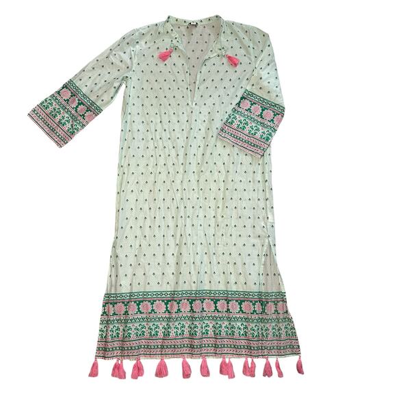 J Crew Tunic Coverup Dress Women Size S Green Tassels Semi Sheer Vacation Travel - Picture 1 of 11